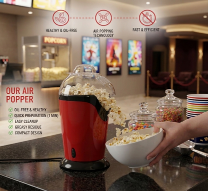Retro Countertop Hot Air Popcorn Maker Machine – Oil-Free Healthy Popcorn Popper with 10 Classic Movie Theater Paper Buckets (Red & Black)